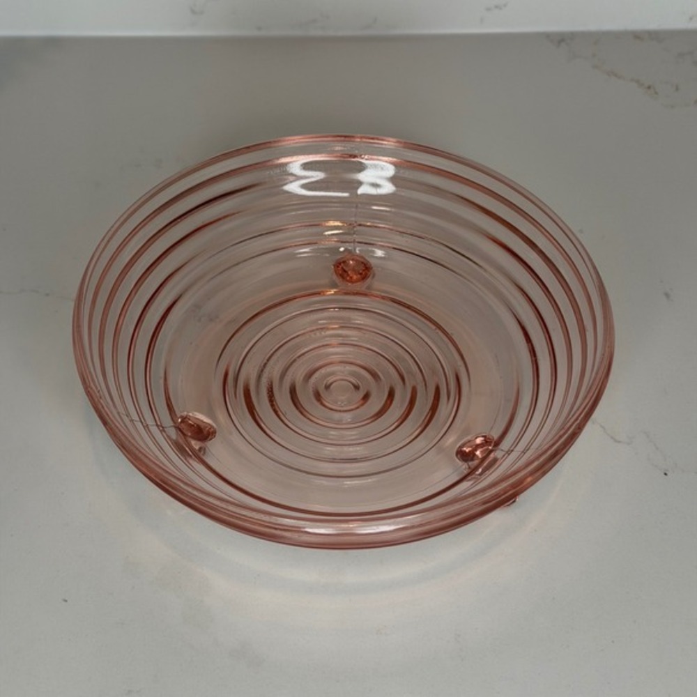 Vintage Anchor Hocking Manhattan Pink 3-Footed Open Candy Dish Ribbed Footed 7" - Picture 6 of 6